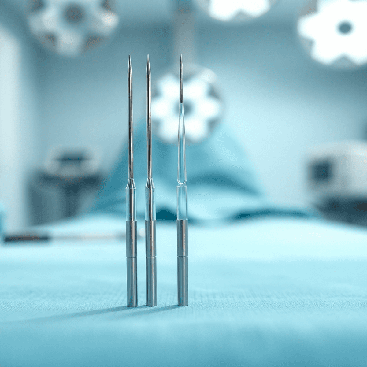 Igła biopsji spoczywa na sterylnym podłożu medycznym, a w tle znajdują się rozmyte instrumenty chirurgiczne, podkreślające precyzję i temat diagnostyki medycznej.